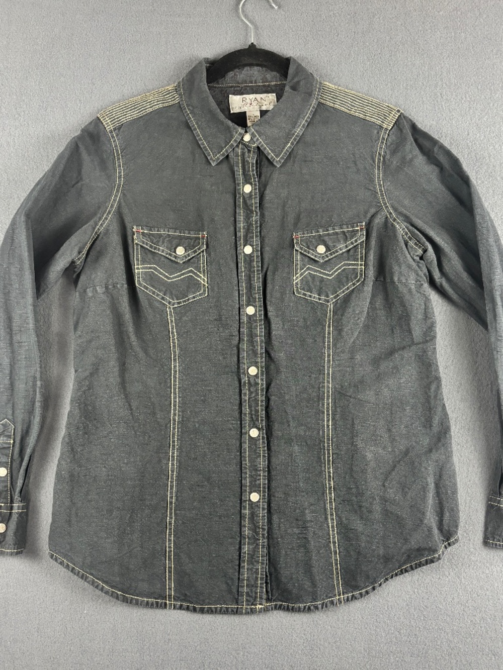 Ryan Michael Western Style Snap Long Sleeve Linen Blend Shirt Embroidered Size L